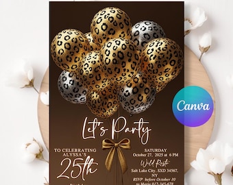 Black Gold Leopard Birthday Invitation, Chic Safari Party Theme, Editable Canva Template, Glam Balloon & Heels Design, Printable Invite