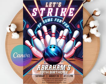 Invitación de cumpleaños de bolos luminosos: Fiesta neón, plantilla editable (descarga instantánea)