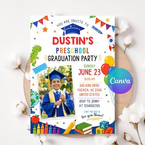 May include: A colorful preschool graduation party invitation featuring a photo of a child in a graduation gown. The invitation includes text that reads "Dustin's Preschool Graduation Party" with the date, time, and location. Decorative elements include balloons, stars, and a rocket.