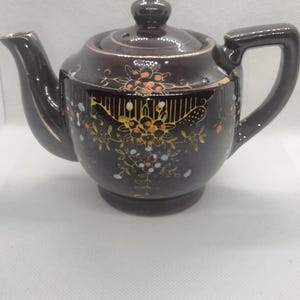 Vintage Japanese Redware Teapot Brown Glaze with Gold Trim
