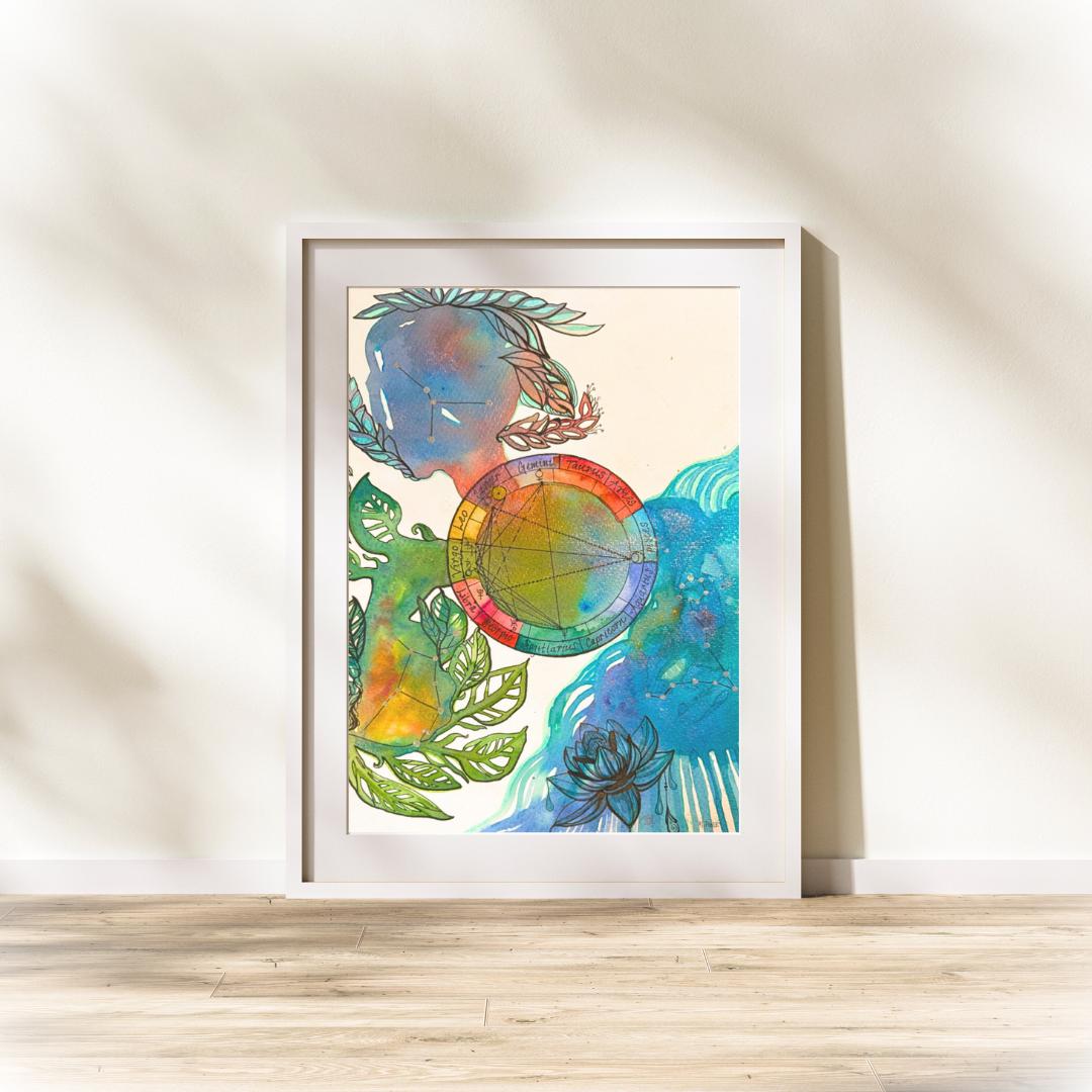 9 x 12" Custom Astrology Chart Art  – Personalized Birth Chart Watercolor Art with Detailed Astrology Report | Unique Celestial Gift