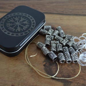 Viking hair/beard bead set in compact carry tin, elder futhark runes