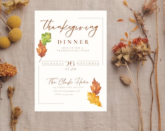 Thanksgiving Dinner Invitation Template: Elegant Leaf Design (Digital Download)