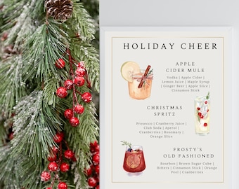 May include: A printable holiday cocktail recipe card with watercolor illustrations of three different drinks: Apple Cider Mule, Christmas Spritz, and Frosty's Old Fashioned. Each drink recipe lists the ingredients.