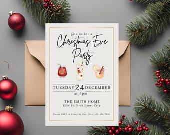 May include: A Christmas Eve Party invitation with a cream background and gold border. The invitation includes the text "join us for a Christmas Eve Party" and details for the event. The image is decorated with Christmas ornaments and greenery.