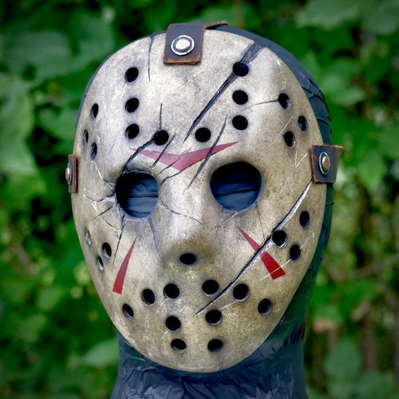 Jason Voorhees Mask Freddy vs Jason Inspired, Handmade Battle-damaged cast resin mask, Friday the 13th Halloween Slasher Costume Mask