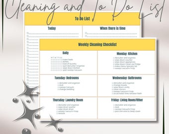 Puede incluir: Una lista de limpieza y tareas de color amarillo y blanco con el texto "Cleaning and To Do List" en la parte superior. La lista incluye secciones para tareas diarias, semanales y específicas de cada habitación. Hay ráfagas de estrellas decorativas en la esquina inferior izquierda.