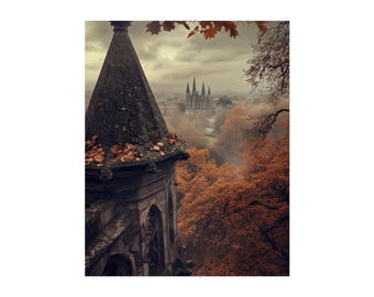 Torre Solitaria: Niebla y Paisaje Urbano Otoñal (Arte sobre Lienzo)