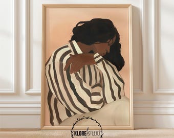 Pastel Pink Abstract People Large Wall Art, Striped Woman Print, Minimalist Portrait Artwork, Living Room Wall Art, Modern Digital Download