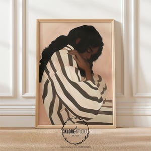 May include: A digital illustration of a person with long black hair wearing a black and white striped shirt. The person is looking down and has their hands clasped together.