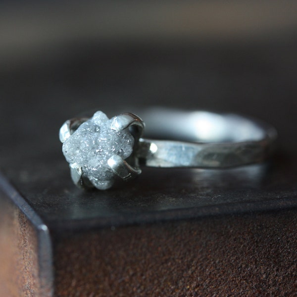 Rough DIamond Ring in Sterling Silver, engagement ring, wedding ring, natural diamond, hammered band, prong setting