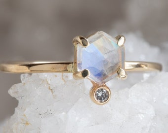 Hexagon Moonstone + Diamond Ring