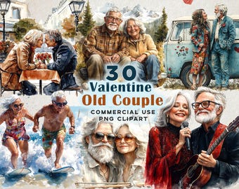 Watercolor Valentine Old Couple Clipart: 30 PNG Illustrations (Commercial Use)
