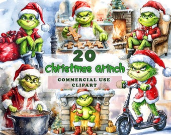 20 Watercolor Christmas Grinch Clipart PNG Bundle (Digital Download)