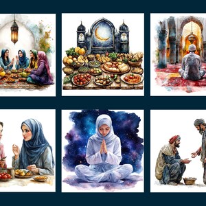 May include: A watercolor painting depicting various scenes of Islamic culture. The first scene shows a group of people gathered around a table, sharing a meal. The second scene shows a table laden with food, including fruits, vegetables, and breads. The third scene shows a person praying in a mosque. The fourth scene shows two people sharing a meal. The fifth scene shows a person meditating in a starry sky. The sixth scene shows a person giving alms to a beggar.