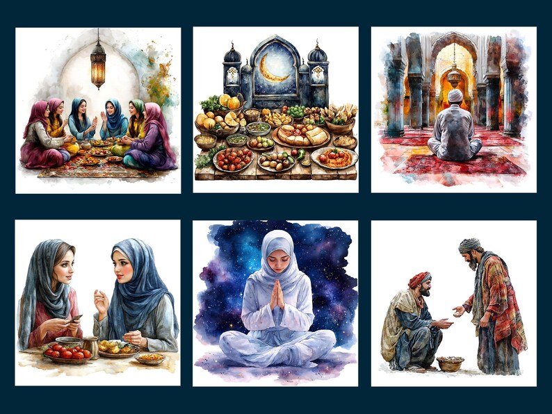 May include: A watercolor painting depicting various scenes of Islamic culture. The first scene shows a group of people gathered around a table, sharing a meal. The second scene shows a table laden with food, including fruits, vegetables, and breads. The third scene shows a person praying in a mosque. The fourth scene shows two people sharing a meal. The fifth scene shows a person meditating in a starry sky. The sixth scene shows a person giving alms to a beggar.