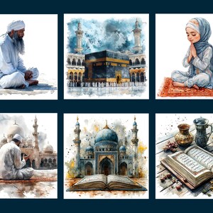 May include: A collection of six watercolor paintings depicting Islamic themes. The paintings feature a man praying, a woman praying, a mosque, the Kaaba, an open book, and a teapot and cups.
