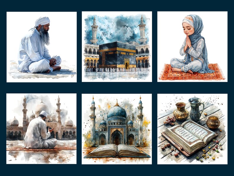 May include: A collection of six watercolor paintings depicting Islamic themes. The paintings feature a man praying, a woman praying, a mosque, the Kaaba, an open book, and a teapot and cups.