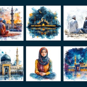 May include: A collection of six watercolor paintings depicting various scenes of mosques. The paintings feature a variety of colors, including blue, green, white, and gold. The mosques are depicted in a variety of settings, including a night sky with stars, a sunset, and a daytime scene. The paintings are all framed in white.