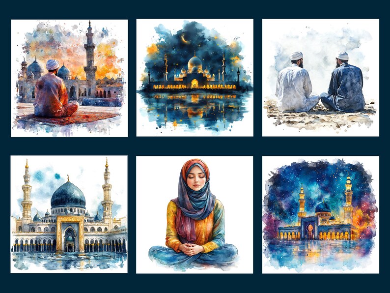 May include: A collection of six watercolor paintings depicting various scenes of mosques. The paintings feature a variety of colors, including blue, green, white, and gold. The mosques are depicted in a variety of settings, including a night sky with stars, a sunset, and a daytime scene. The paintings are all framed in white.