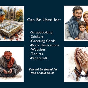 May include: Four watercolor illustrations depicting different scenes. The first image shows an open book with a mosque in the background. The second image shows a man sitting on the ground with his hands clasped. The third image shows a family of three with the father, mother, and son. The fourth image shows a pair of hands clasped in prayer with a beaded bracelet.
