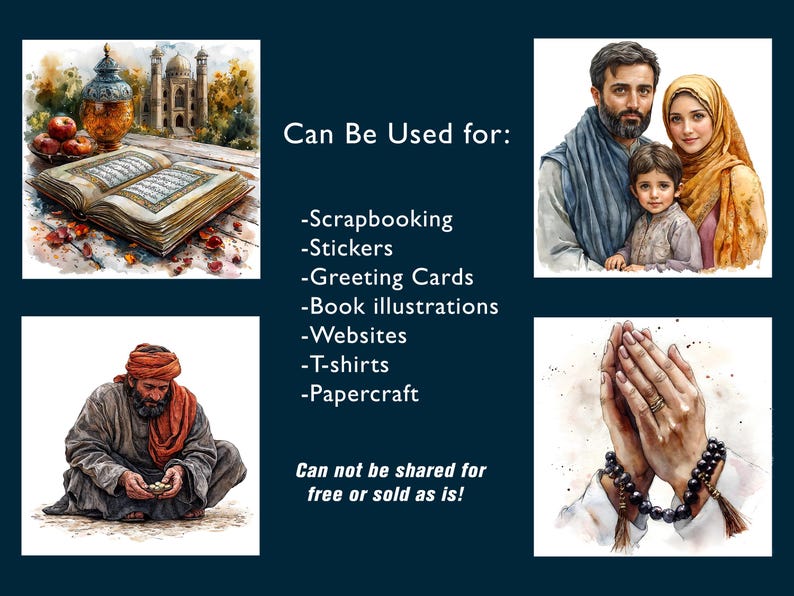 May include: Four watercolor illustrations depicting different scenes. The first image shows an open book with a mosque in the background. The second image shows a man sitting on the ground with his hands clasped. The third image shows a family of three with the father, mother, and son. The fourth image shows a pair of hands clasped in prayer with a beaded bracelet.