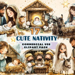 Watercolor Nativity scene Cute Clipart Pack, 16 PNG Christmas scene Clipart,Cartoon Christian clipart,PNG Bundle Commercial Use