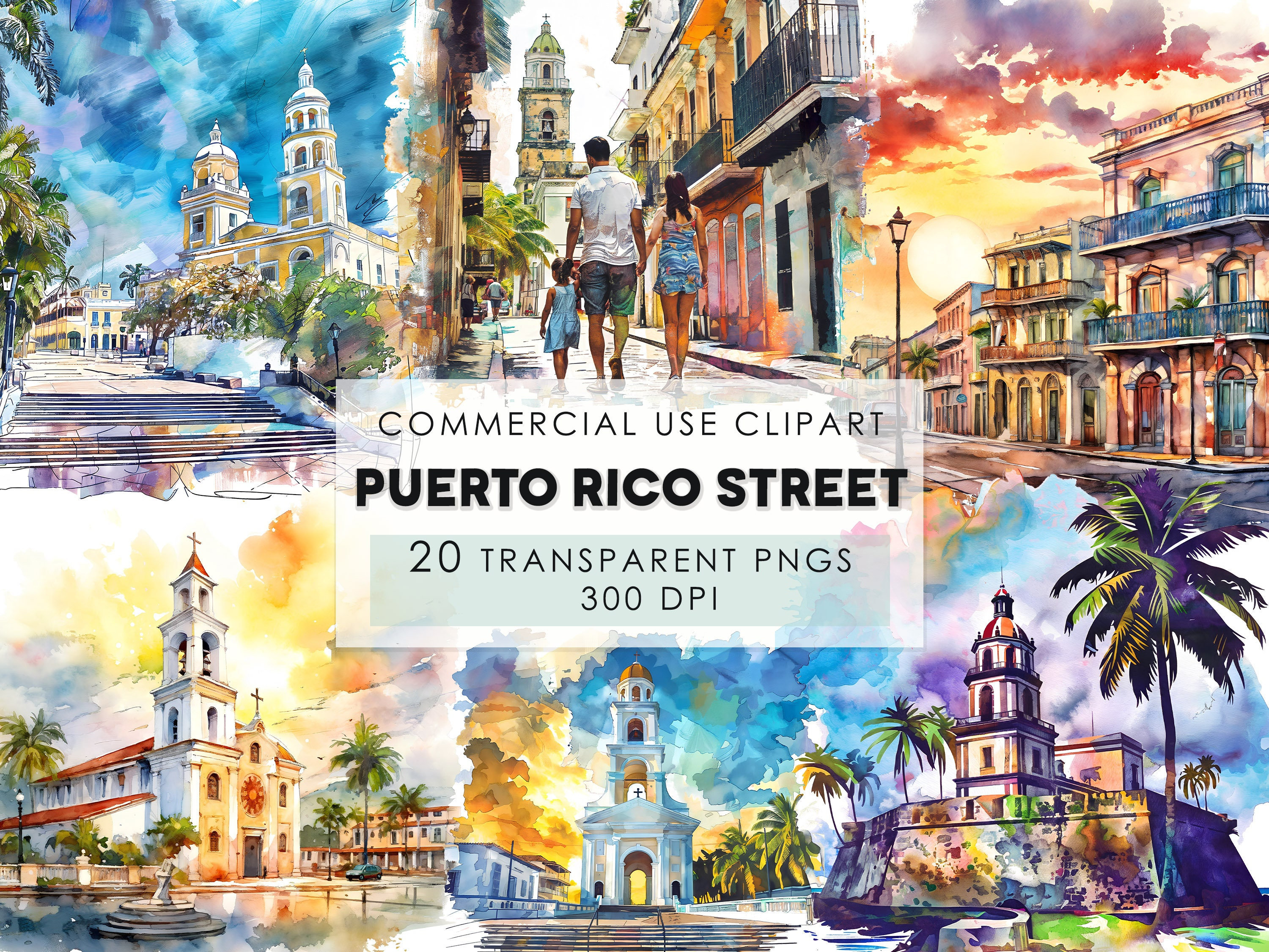 Watercolor Puerto Rico Street clipart,20 PNG  Coastal city clipart,SanJuan png. PNG Bundle Commercial Use, Birthday Card Making Stickers