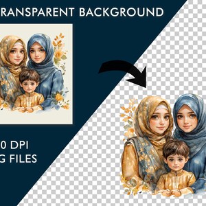 May include: A digital illustration of three people wearing headscarves. Two women and a child are standing together. The women are wearing blue and brown headscarves, and the child is wearing a yellow headscarf. They are all smiling and looking at the camera. The background is a watercolor-style floral pattern.