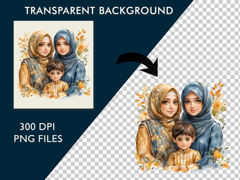 May include: A digital illustration of three people wearing headscarves. Two women and a child are standing together. The women are wearing blue and brown headscarves, and the child is wearing a yellow headscarf. They are all smiling and looking at the camera. The background is a watercolor-style floral pattern.