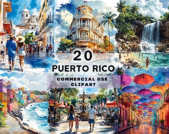 Watercolor Puerto Rico Clipart, 20 PNG Coastal city Clipart, SanJuan png, PNG Bundle Commercial Use, Making postcards