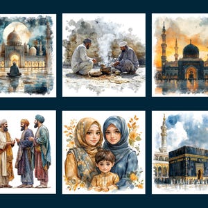 May include: A watercolor painting collage depicting Islamic culture. The collage features images of mosques, people praying, and a family. The painting is done in a realistic style with vibrant colors.