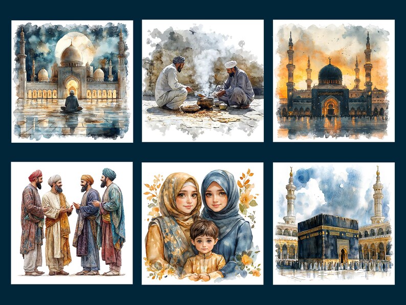 May include: A watercolor painting collage depicting Islamic culture. The collage features images of mosques, people praying, and a family. The painting is done in a realistic style with vibrant colors.