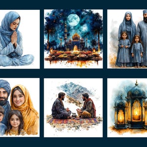 May include: A watercolor painting depicting various scenes of Islamic culture. The first image shows a woman in a blue headscarf praying. The second image shows a mosque with a full moon in the background. The third image shows a family in blue clothing. The fourth image shows a family with two children. The fifth image shows two men sitting on the ground. The sixth image shows three ornate lanterns with lit candles.