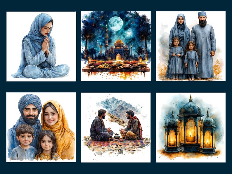 May include: A watercolor painting depicting various scenes of Islamic culture. The first image shows a woman in a blue headscarf praying. The second image shows a mosque with a full moon in the background. The third image shows a family in blue clothing. The fourth image shows a family with two children. The fifth image shows two men sitting on the ground. The sixth image shows three ornate lanterns with lit candles.