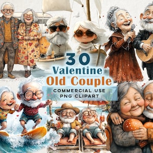Clipart aquarelle drôle de vieux couple de la Saint-Valentin, 30 Saint-Valentin couple de vieux PNG, Clipart de vieux couple romantique. Sublimation, usage commercial