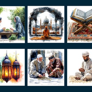 May include: A collection of six watercolor paintings depicting various aspects of Islamic culture. The paintings include a mosque, a prayer rug, a Quran, lanterns, and people praying.