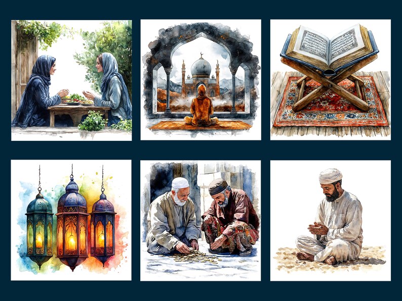 May include: A collection of six watercolor paintings depicting various aspects of Islamic culture. The paintings include a mosque, a prayer rug, a Quran, lanterns, and people praying.
