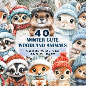 Christmas Woodland Animals Clipart Bundle,40 PNG  Watercolor Winter Cute Forest Animals.Printables, Digital Download