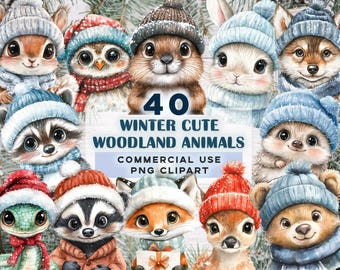 Christmas Woodland Animals Clipart Bundle,40 PNG  Watercolor Winter Cute Forest Animals.Printables, Digital Download
