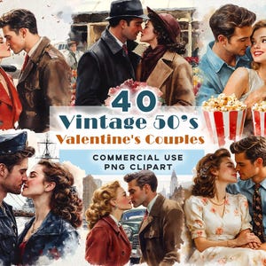 Vintage 50's Valentine's Day Casais Românticos,40 PNG Casal Apaixonado Clipart, Cartão Retro Para Imprimir. PNG Pacote Uso Comercial