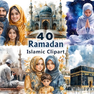 Ramadan Watercolor Clipart Bundle,Muslim Clipart,40 Islamic PNG,Ramadan Kareem,Eid Mubarak,Islamic Vector,AI Illustration