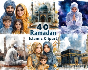 Paquete de imágenes prediseñadas de acuarela de Ramadán: 40 ilustraciones PNG islámicas (descarga digital)