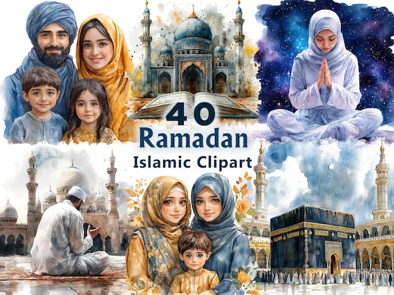 Ramadan Watercolor Clipart Bundle: 40 Islamic PNG Illustrations (Digital Download)