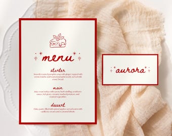 Christmas Dinner Menu Template, Holiday Place Cards (Editable Canva)