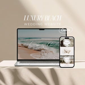 Może przedstawiać: Laptop i smartfon prezentują projekt strony internetowej ślubu na plaży. Laptop wyświetla scenę na plaży z imionami "Aurora & Charles" i tekstem "ARE GETTING MARRIED." Smartfon wyświetla przykłady stron internetowych. U góry widnieje napis "LUXURY BEACH WEDDING WEBSITE".