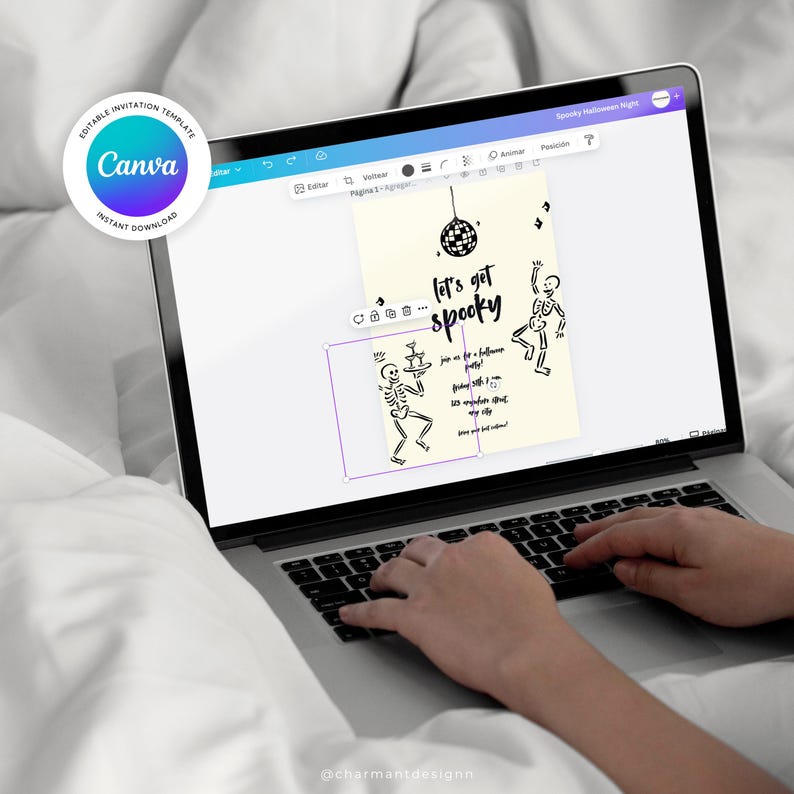 May include: A laptop displaying a Halloween invitation template with the text "let's get spooky" and skeleton illustrations. The Canva logo is visible in the upper left corner, indicating an editable design.