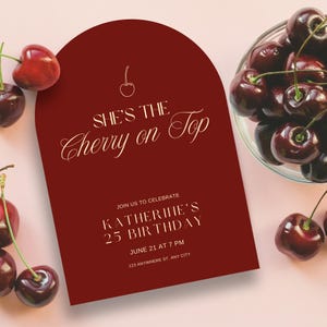 Ella es la Cereza en la Cima, Invitación para Fiesta, Fiesta con Temática de Cerezas, Invitación para fiesta Canva, Fiesta de cerezas