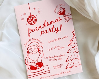 Pode incluir: Convite rosa para uma festa de Friendsmas com ilustrações e texto em vermelho. O design inclui uma bola de discoteca, um DJ Papai Noel, uma árvore de Natal e um coquetel. O texto do convite diz "Friendsmas party!" e inclui detalhes do evento.