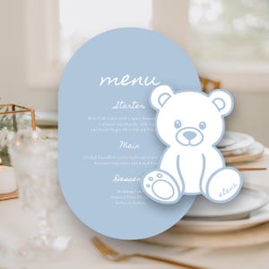 Menu Baby Shower, Carte de menu Baby Shower, Baby Shower Fleur Bleue, Baby Shower Bleue, Baby Shower avec Ours